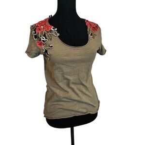 Chelsea & Violet Olive Floral Embroidered Lace Tee Boho Whimsigoth Fairycore